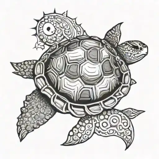 Turtle With Sun And Moon In Shell Pattern