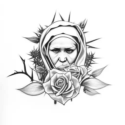 A Black And Grey Tattoo Of A Provocative Nun With A Rosary Made Of Thorns