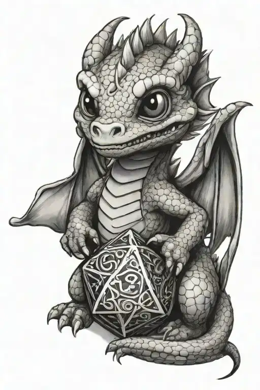 Cute Baby Dragon Hugging A D20 Dice
