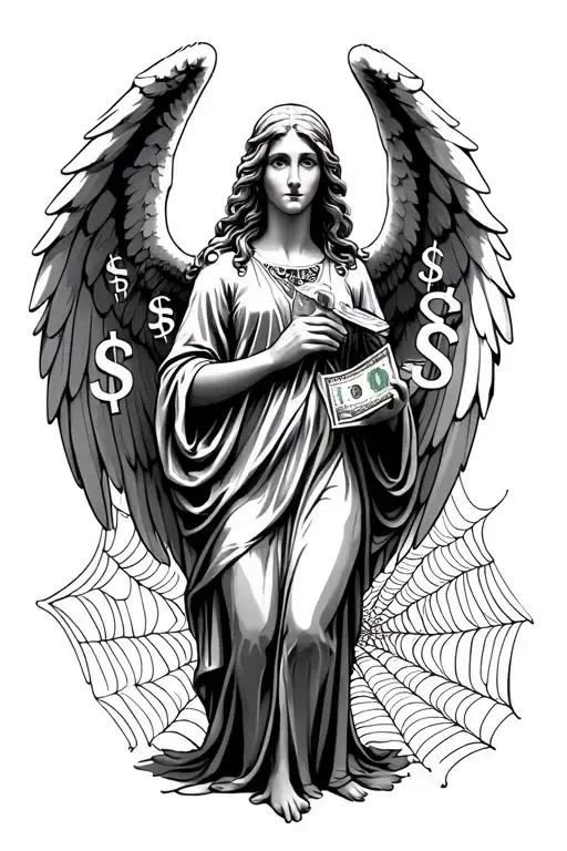 Angel Holding Money And Dollar Signs And Spider Web