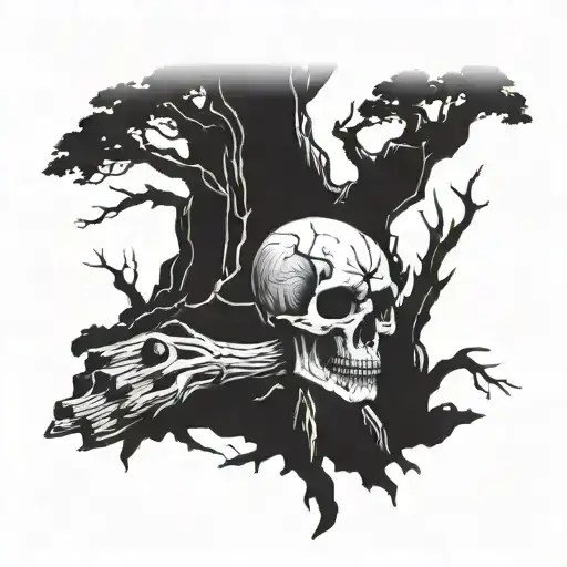A Tree Cutter Silhouette With A Skull Embedded In The Tree Trunk