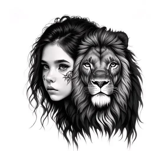 Front Face Of A Girl And Lion Head Wearing