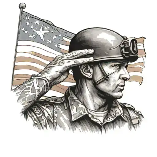 A Detailed Black And Grey Portrait Of A Soldier Saluting The American Flag