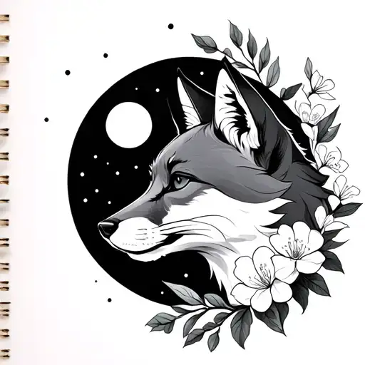 Fox With Crescent Moon And Rhodedendron