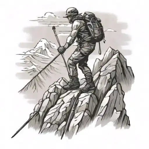 A Hiker Scaling A Rocky Mountain Peak With Ski Poles In Hand