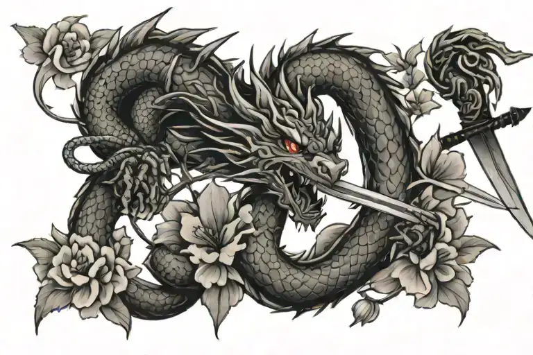 Dragon With Cherry Blossom Petals And A Sword In The Middle