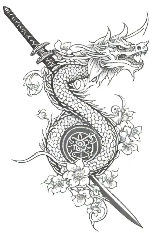 Dragon With Cherry Blossom Petals And A Sword In The Middle