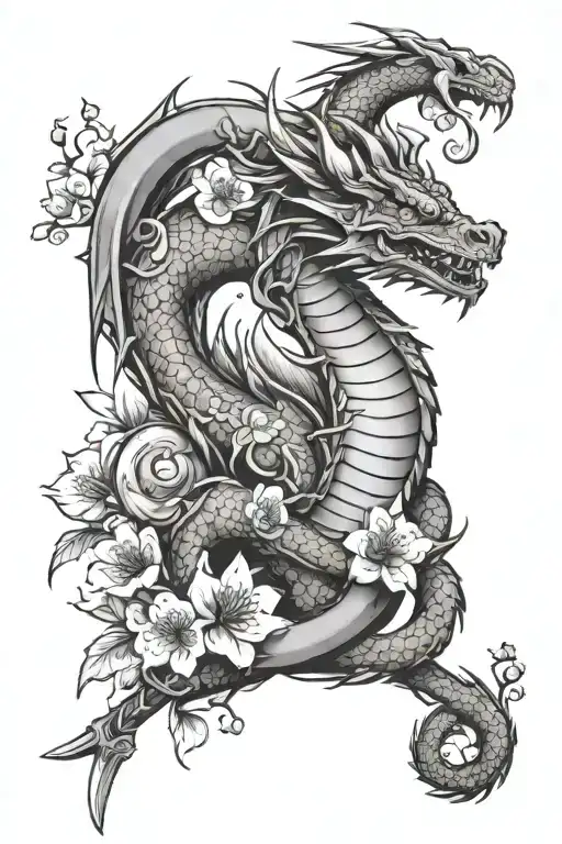 Dragon With Cherry Blossom Petals And A Sword Straight In The Middle