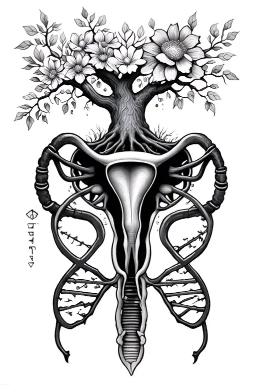 Floral Uterus With Kabbalah Tree Of Life At Top And Dna Generating From The Fallopian Tubes