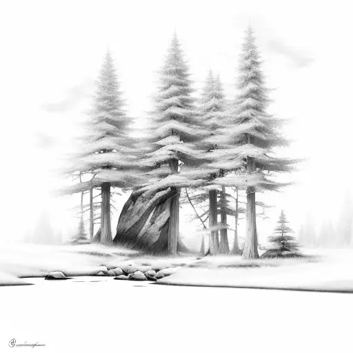 Cedar Forest With A Creek And Rocks