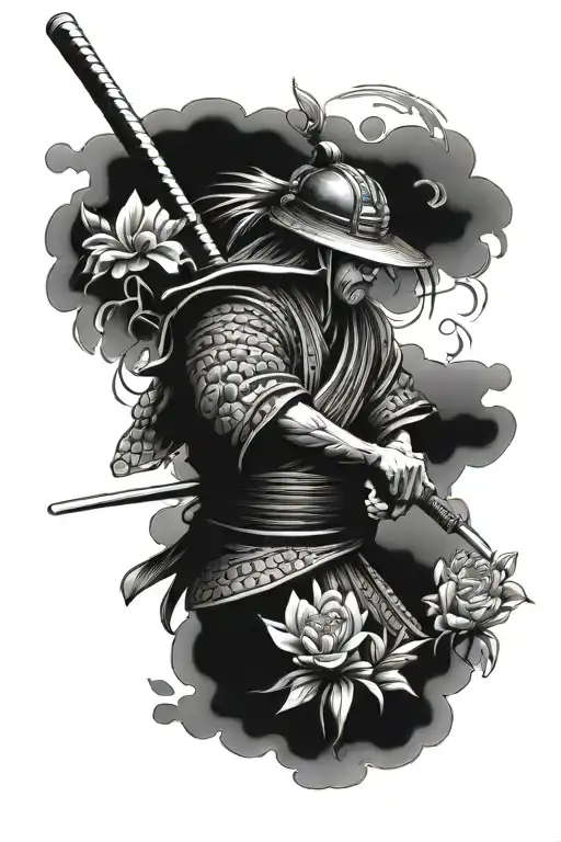 Samurai Warrior In A Garden Scene With Flowers