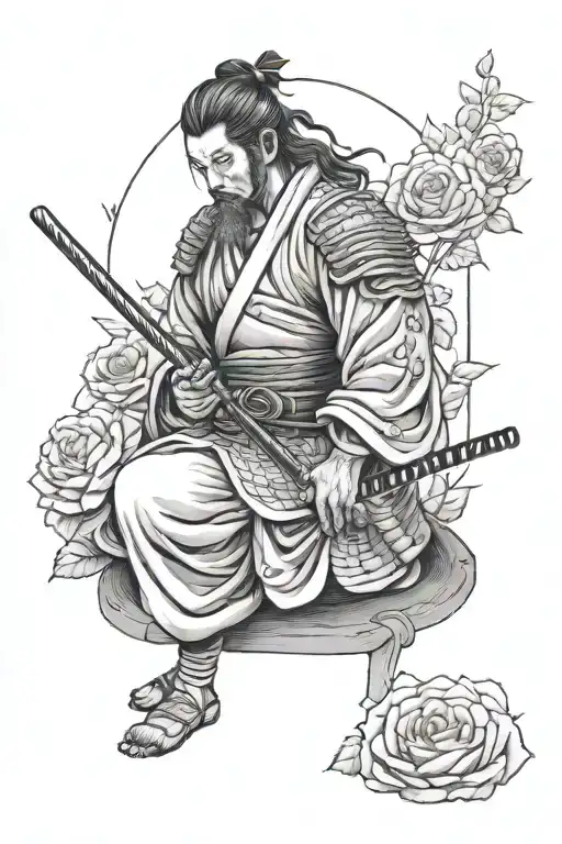 Samurai Meditating In Rose Garden