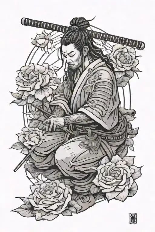 Samurai With Dreadlocks Meditating In Rose Garden