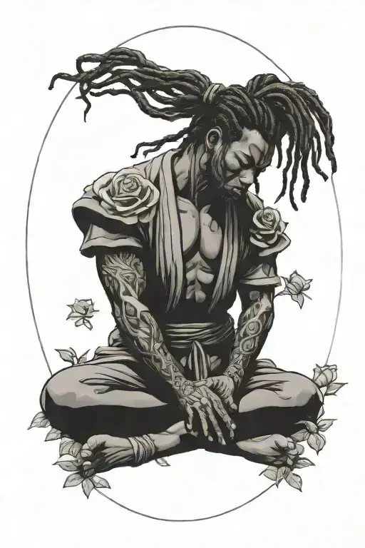 Black Samurai With Dreadlocks Meditating In Rose Garden
