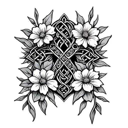 Celtic Cross Intertwined With Flowers