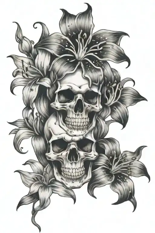 Skull And Lily And Daisy Flower
