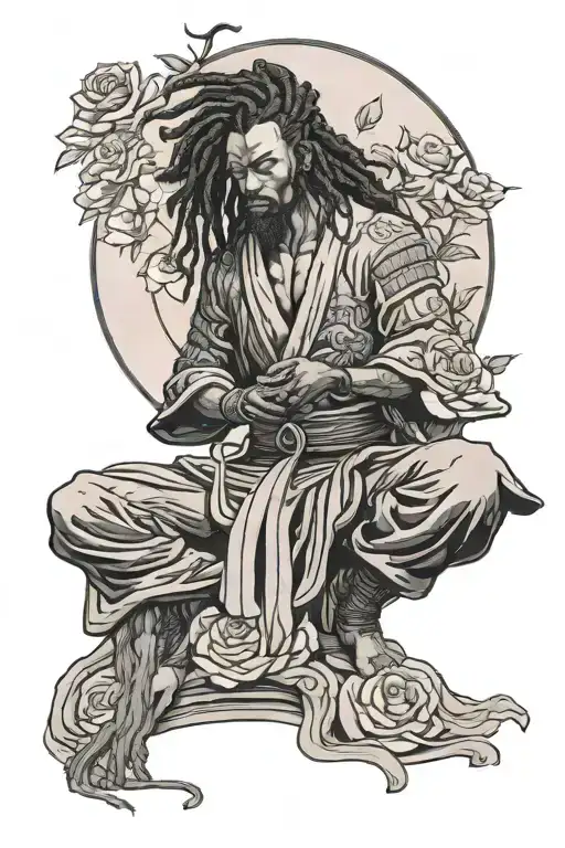 Black Samurai With Dreadlocks Meditating In Rose Garden
