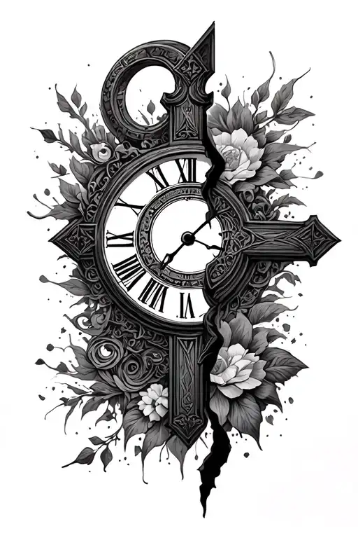 Splitting A Cross In Half By A Walk Way Towards A Clock