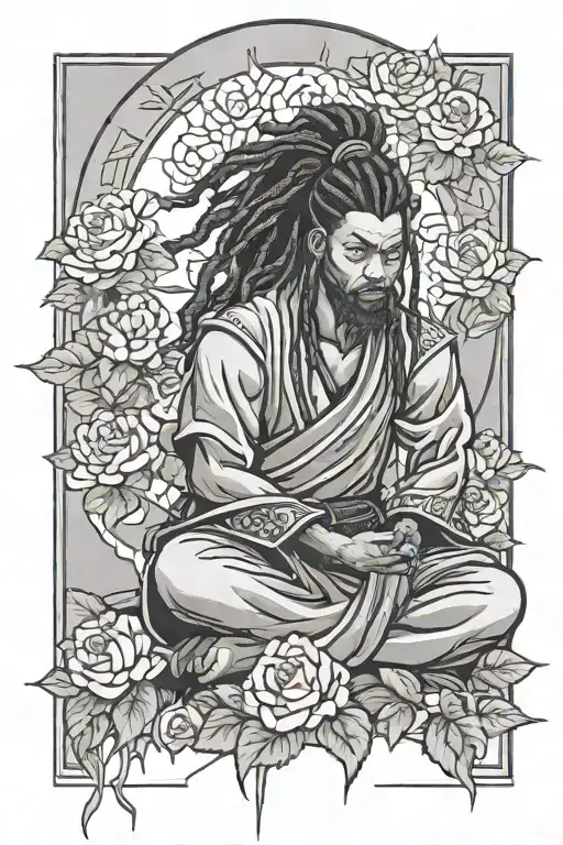 Black Samurai With Dreadlocks Meditating In Rose Garden