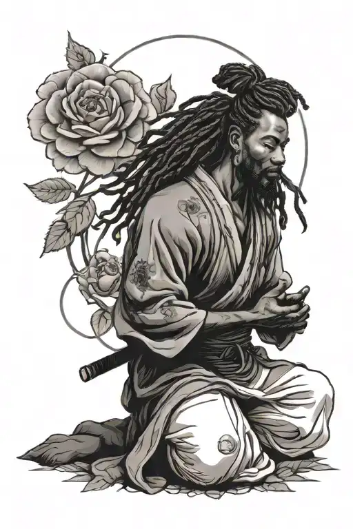 Black Samurai With Dreadlocks Meditating In Rose Garden