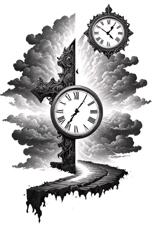 Splitting A Cross In Half By A Path Towards A Clock Surrounded By Clouds