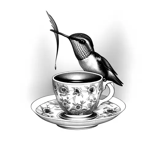 Hummingbird Sitting On A Floral Teacup