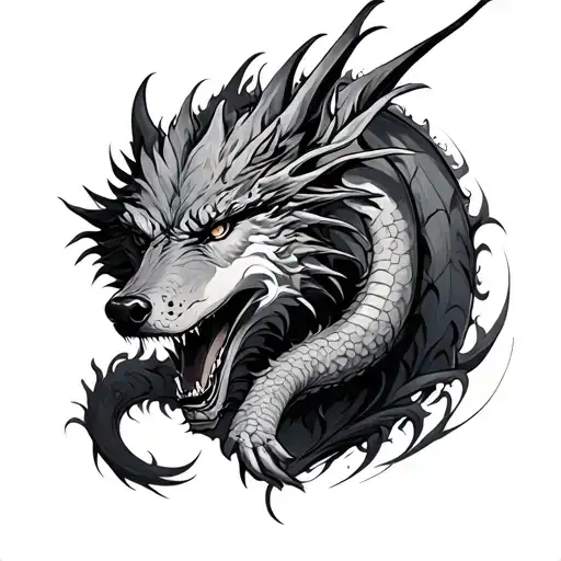 Dragon With Wolf Surrounded