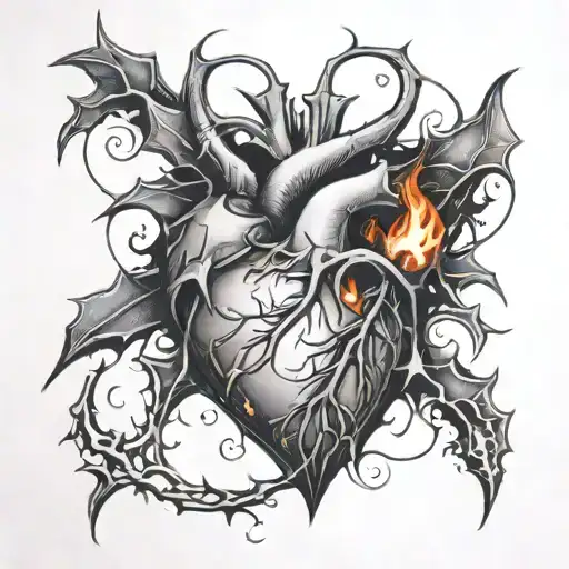 Heart With Thorns Around It And Fire Coming Out Of It