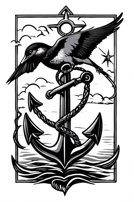 I Want A Vertical Fine Line Style Tatoo Of An Small Star Followed By A Bird Followed By An Anchor