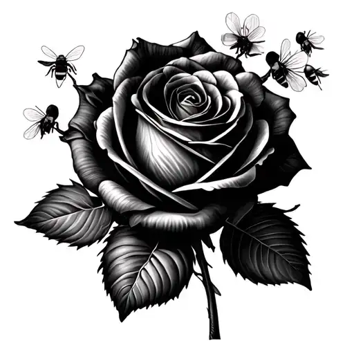 A Black Rose With Cherry Blossoms And Bees