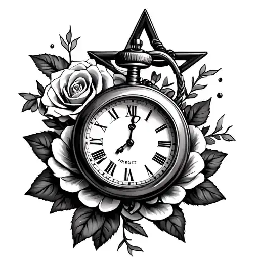 Nautical Star With Roses And Pocket Watch