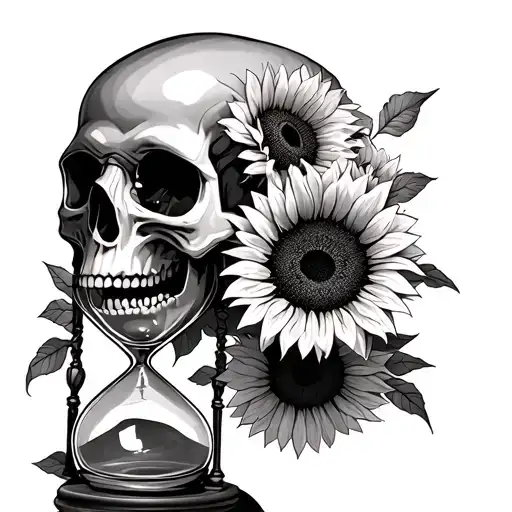 Skull Biting Hourglass With Sunflowers