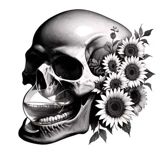 Hourglass Inside A Skull's Mouth With Sunflowers