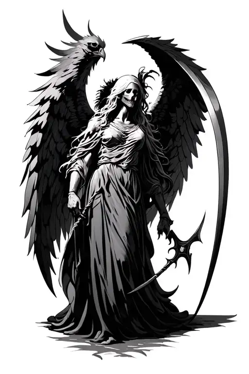 Angel Of Death With A Scythe And Majestic Wings Spread Wide In Front Of A Phoenix