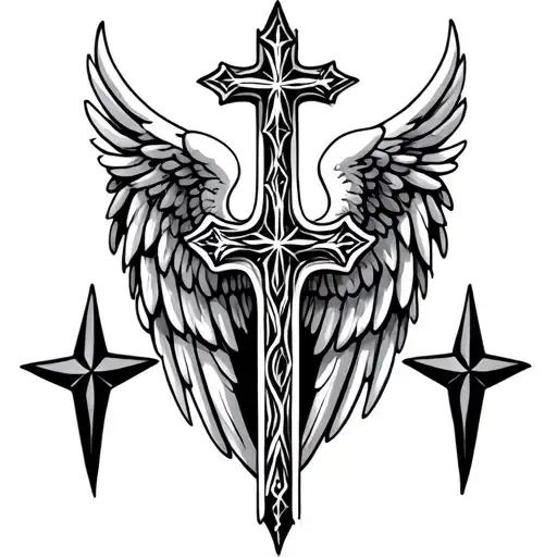 Angel Wings With Cross And 2 Stars