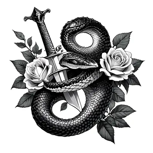 Snake With Sword And Roses