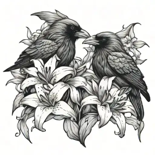 Lillies And Raven Sitting