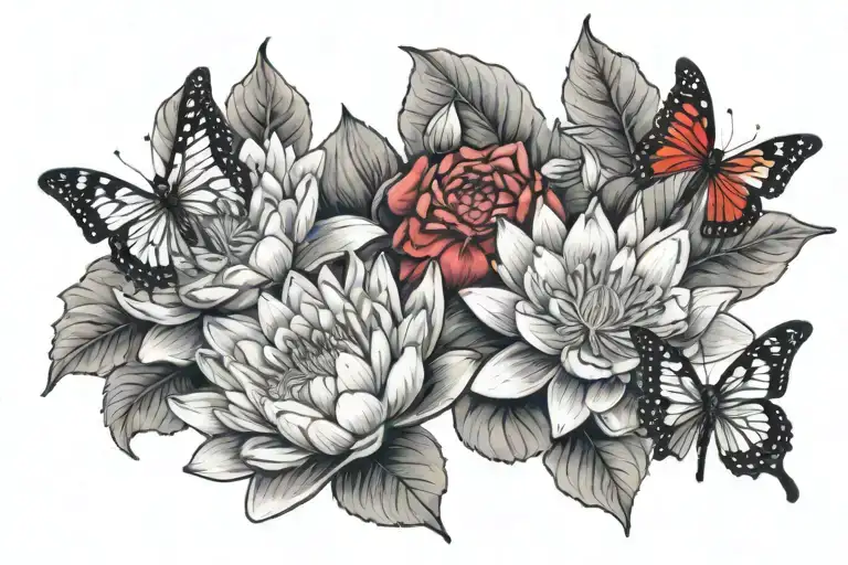 Water Lily Between 2 Red Roses And 3 Butterflies With Shadowing