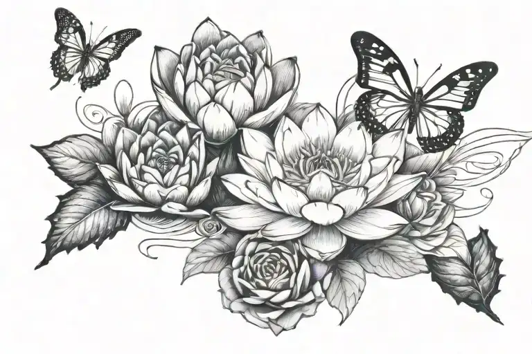 1 Water Lily In Between 2 Red Roses And 3 Butterflies Flying Around