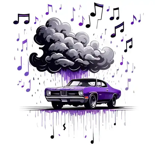 Rain Cloud Storming Violet Music Notes Over A Driving Car