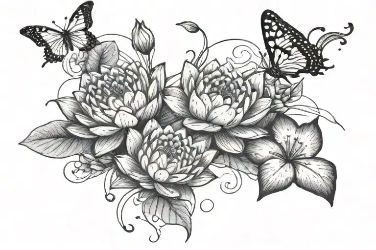 1 Water Lily Between 2 Roses With Butterflies Fluttering