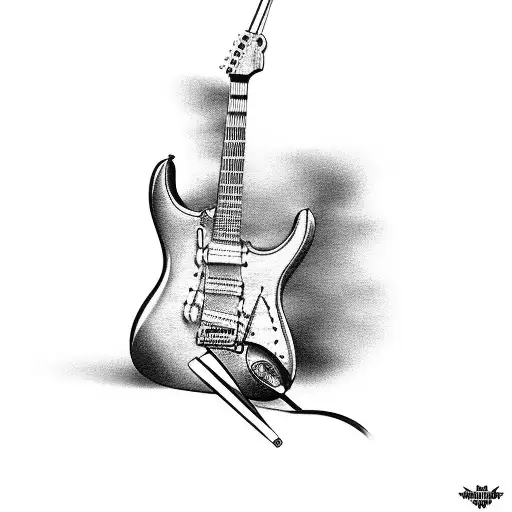 Electric Guitar With Music Notes And Old School Microphone