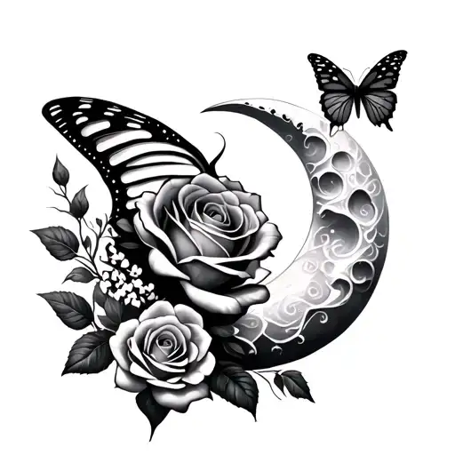 Moon Spine Tattoo With Butterfly And Rose