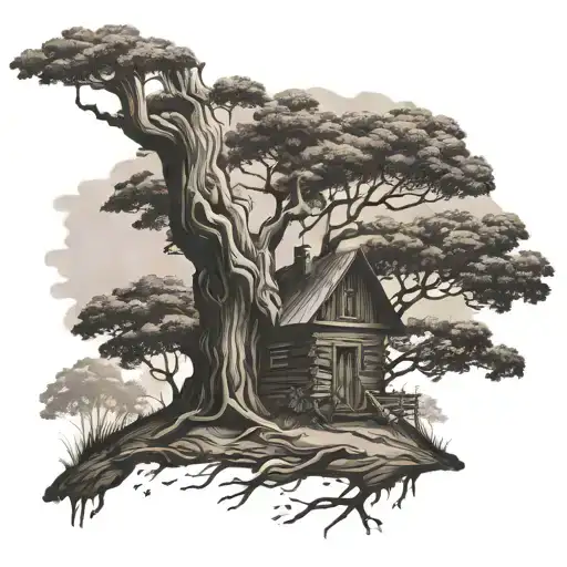 Big Oak Tree With Wooden Cabin In Front
