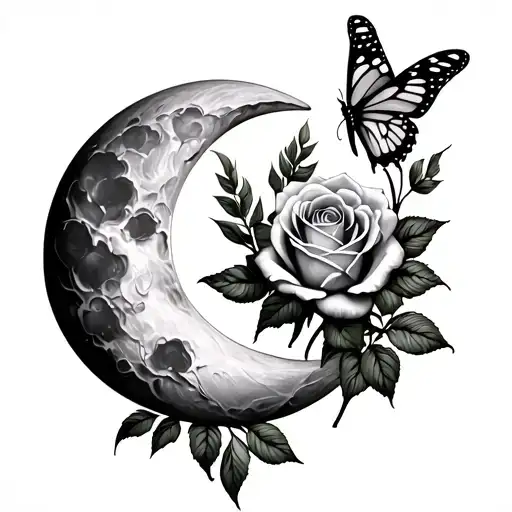 Moon Tattoo With Butterfly And Rose Down The Spine Long