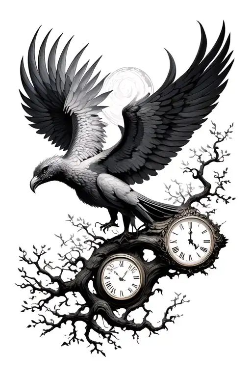Rising Pheonix Flying With The Tree Of Life And A Clock