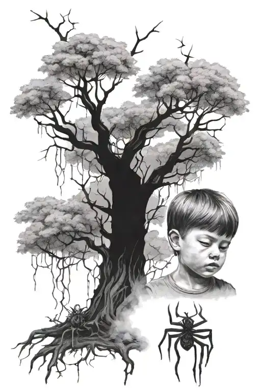 Little Boy Looking Up To Tall Poison Tree Growing With Spider Webs Covering It