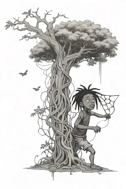 Little Black Boy With Dreads Looking Up To Tall Poison Tree Growing With Spider Webs Covering It