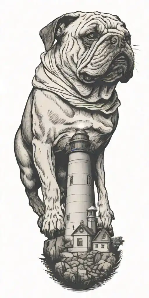 A Lighthouse With A Bulldog Standing Guard
