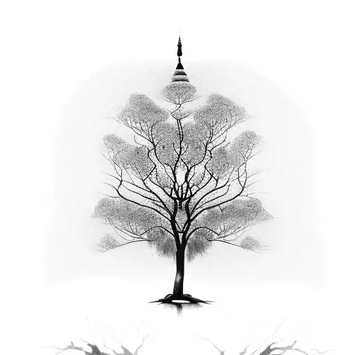 A Serene Buddha Sitting Under A Tree With Intricate Nature Patterns